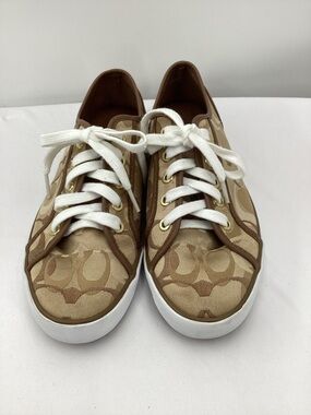 Coach Beige Signature Canvas Lace-Up Sneakers with White Soles